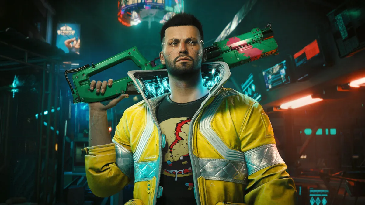 Cyberpunk 2077, V w żółtej kurtce Cyberpunk 2077, postać V w żółtej kurtce na tle neonów Night City