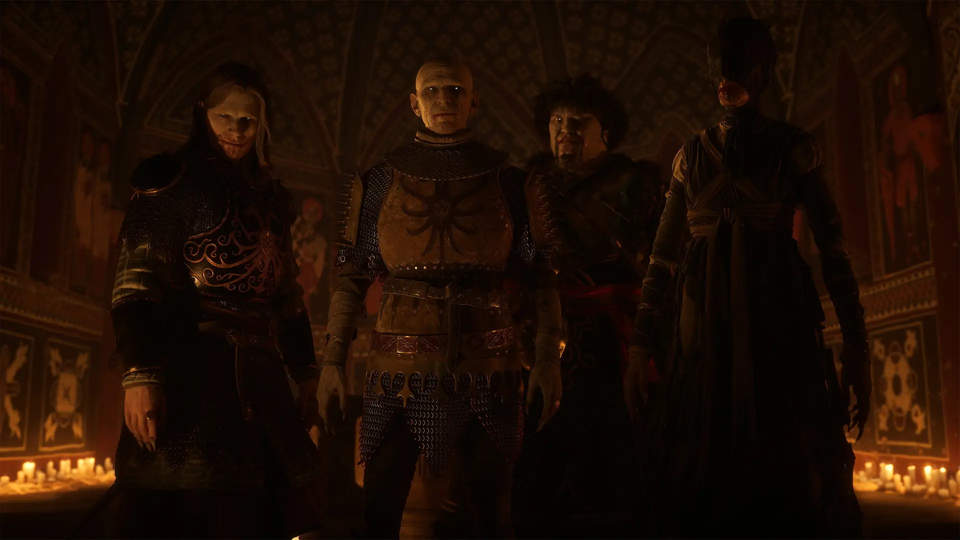 Uzbrojone postacie w kamiennej sali rozświetlonej świecami w grze The Blood of Dawnwalker