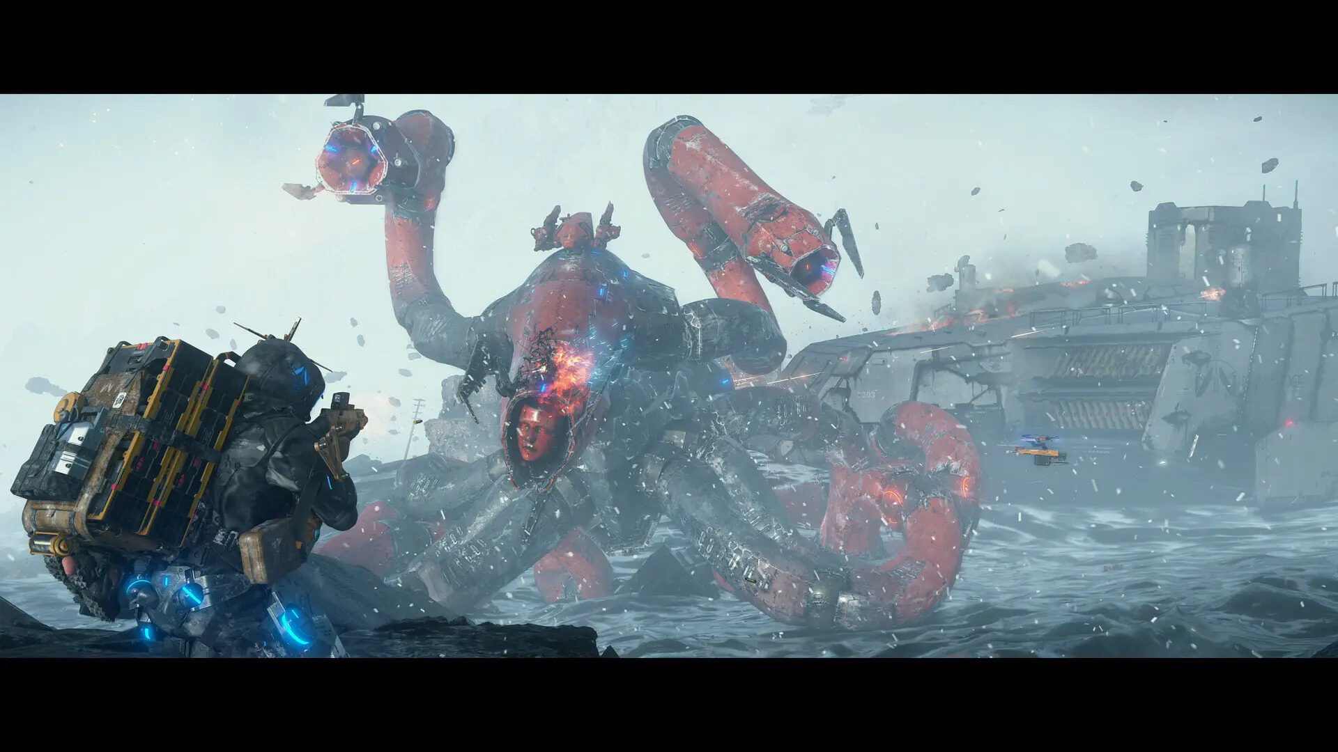Objuczona ładunkiem maszyna transportowa na tle zniszczonego krajobrazu w grze Death Stranding 2: On the Beach