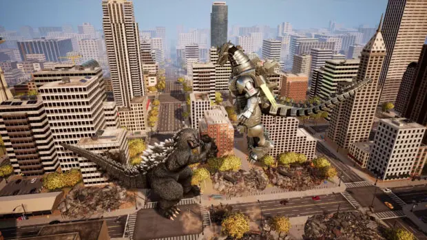 Starcie kaiju w miejskiej scenerii z gry Godzilla: Destroy All Monsters Melee Remastered