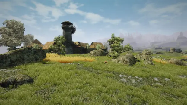 Zielona dolina z górami w grze Gothic 3