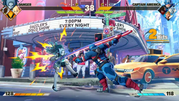 Pojedynek superbohaterów na ulicy miasta w grze MARVEL Tokon: Fighting Souls