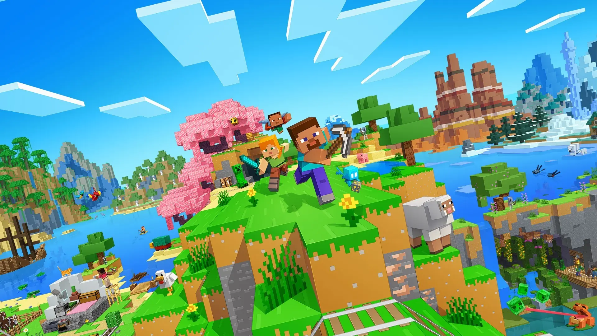 Postacie graczy na zielonym wzgórzu w grze Minecraft, wokół kwitnące wiśnie, owce i ocean