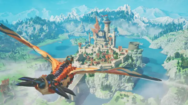 Lot na skrzydlatym potworze nad zamkiem w górach w grze Monster Hunter Stories 3: Twisted Reflection
