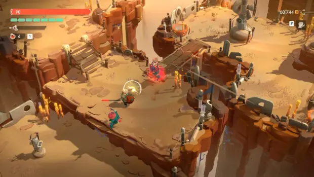 Izometryczny widok pustynnego obozu z kramem w grze Moonlighter 2: The Endless Vault