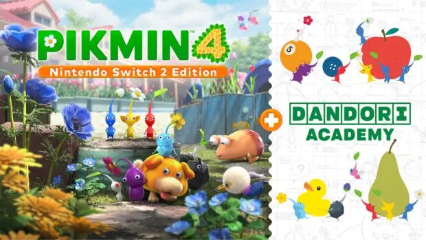 Kadr z gry Pikmin 4: Edycja na Nintendo Switch 2 przedstawiający bohatera z drużyną Pikminów i psowatym Oatchi