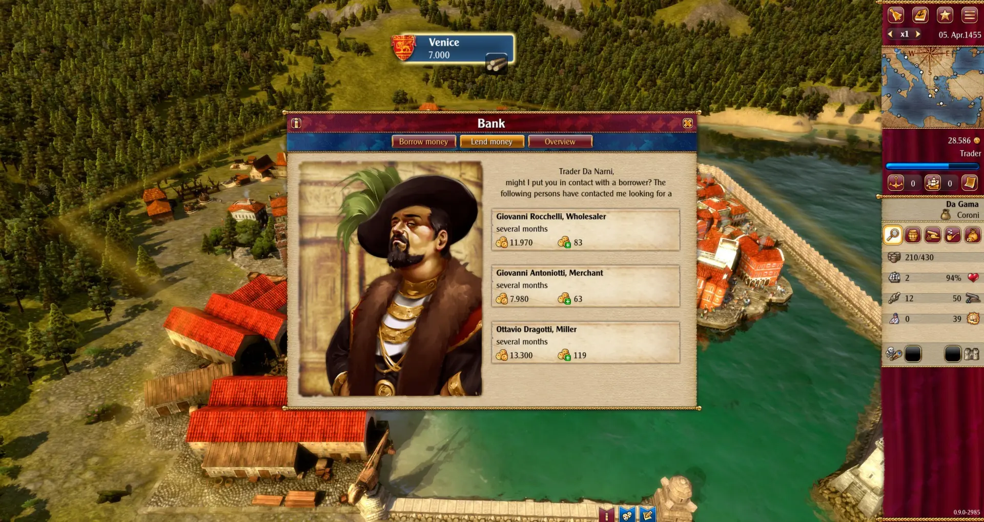 Ekran banku w Rise of Venice z listą kupców oferujących pożyczki