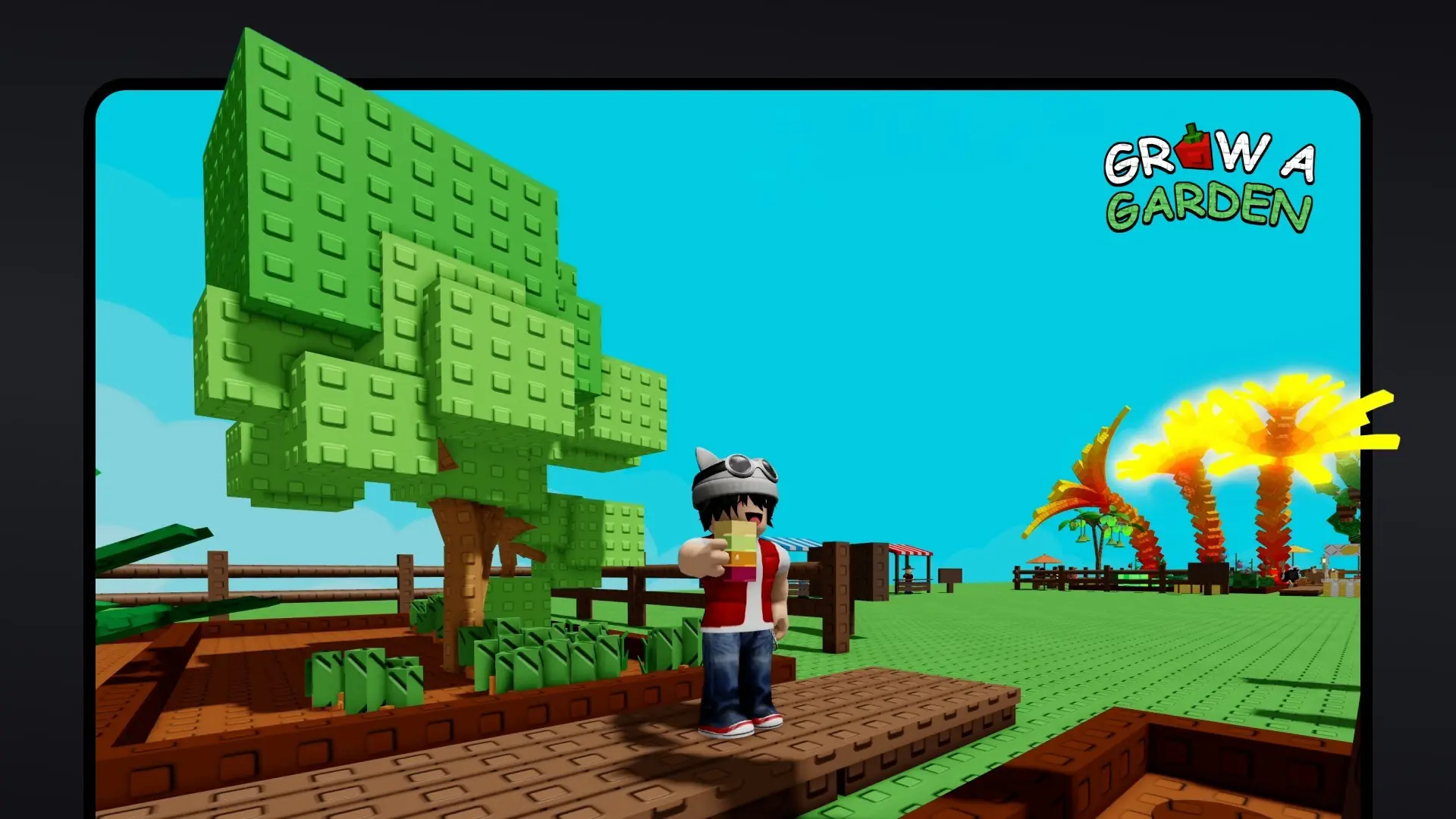 Postać gracza przy wielkim drzewie w grze Grow a Garden na platformie Roblox