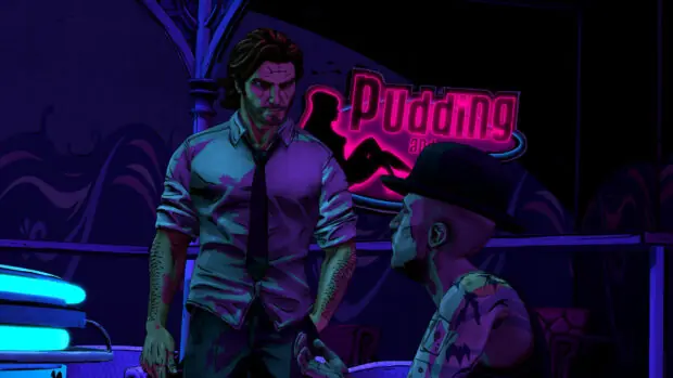 Bigby Wolf przed neonem baru w grze The Wolf Among Us Remastered
