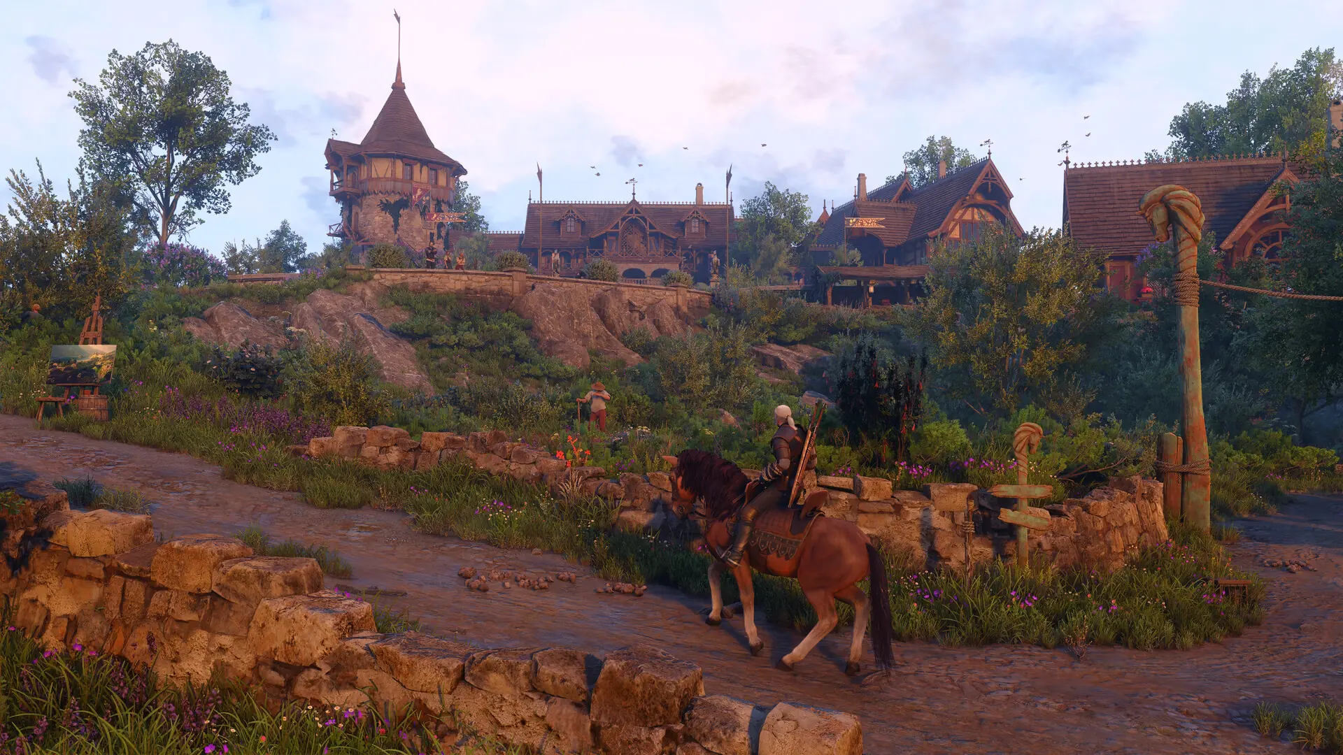 Geralt jedzie konno drogą przez wioskę w regionie Letten w dodatku Pieśni przeszłości