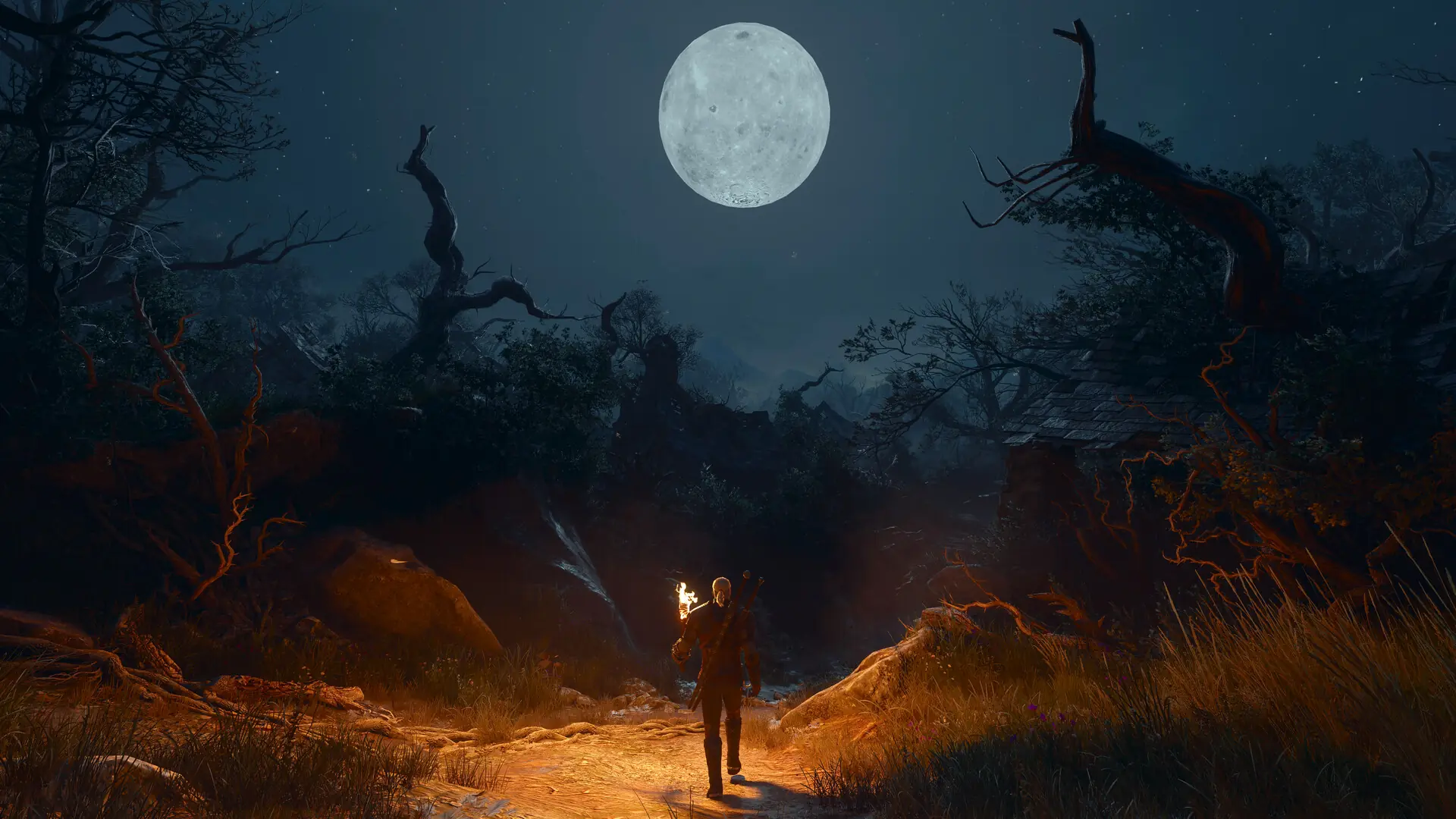 Geralt z pochodnią nocą wśród uschniętych drzew, w tle pełnia księżyca