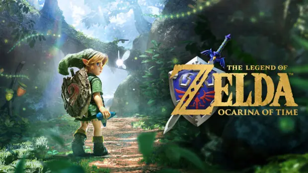 Link na leśnej ścieżce na grafice promocyjnej The Legend of Zelda: Ocarina of Time