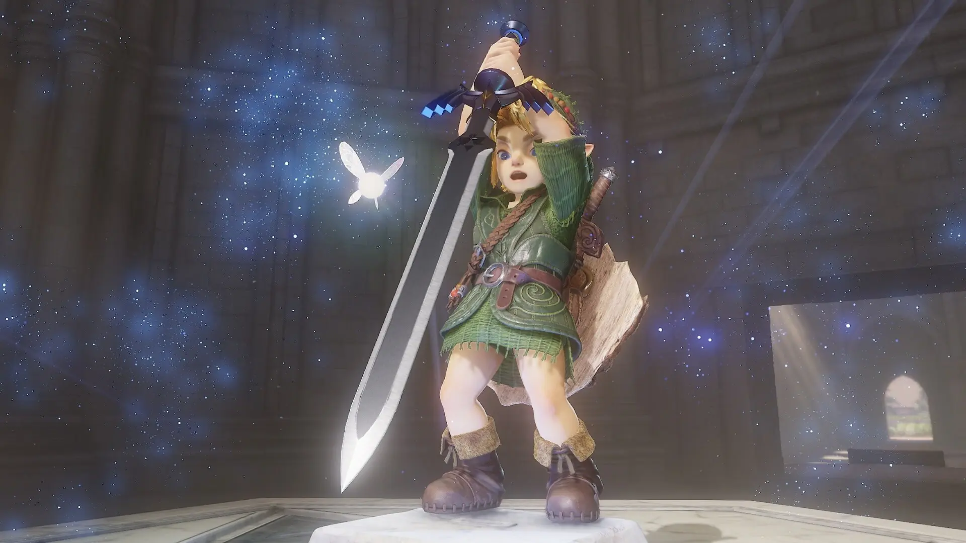 Mały Link unosi obiema rękami wielki miecz stojąc na świetlistym piedestale w remake'u The Legend of Zelda: Ocarina of Time