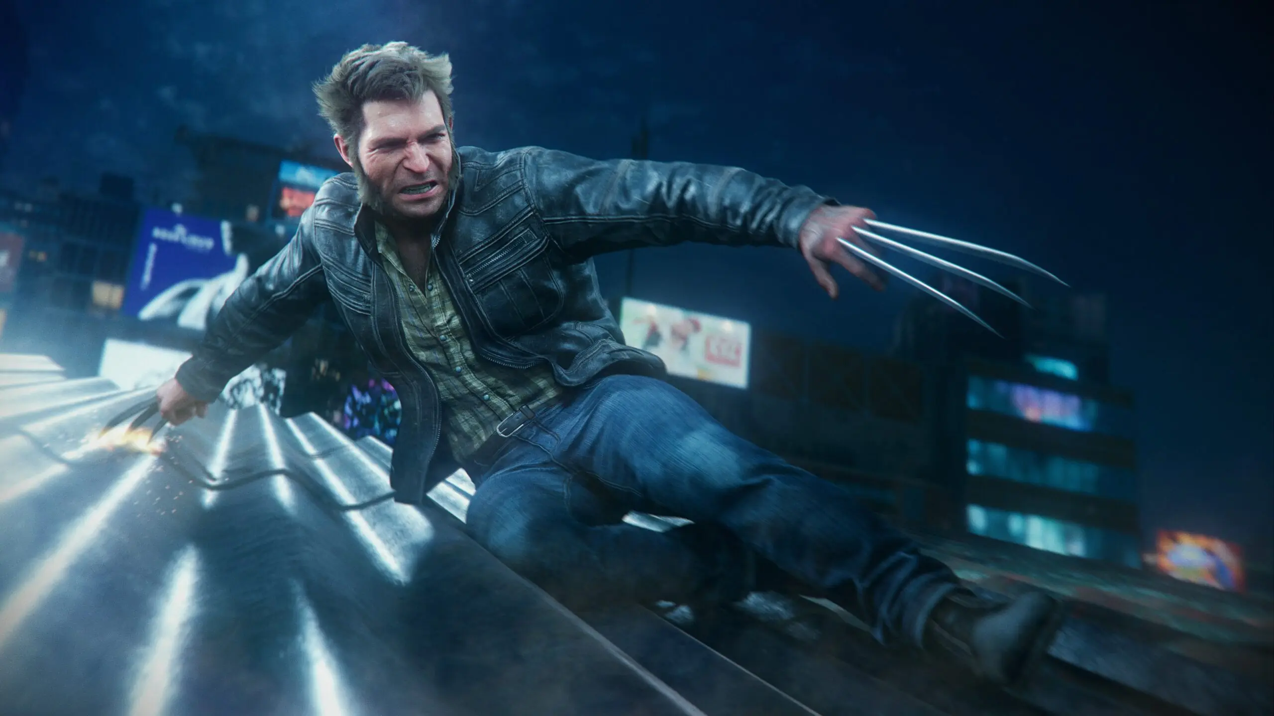 Logan z wysuniętymi pazurami ślizga się po masce samochodu na nocnej ulicy w grze Marvel's Wolverine
