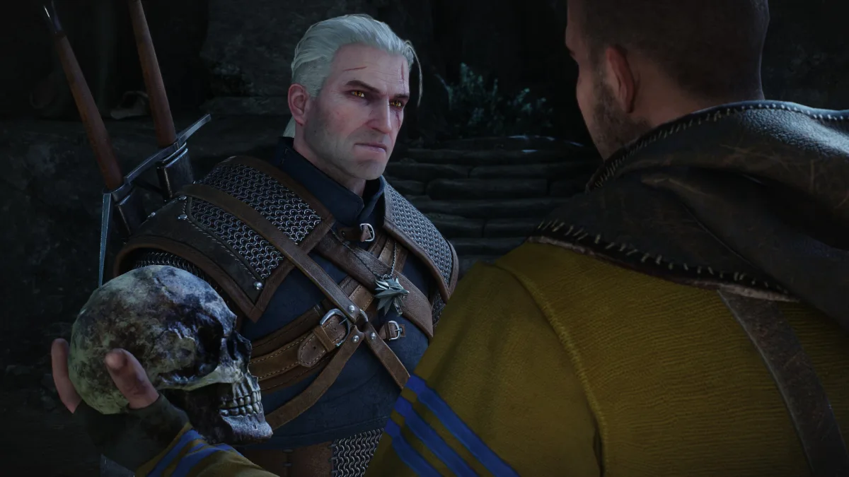 Geralt z Rivii w scenie dialogowej z Wiedźmina 3, największego hitu CD Projekt RED