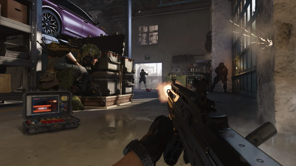 Modern Warfare 4: strzelanina w kampanii z perspektywy FPP Strzelanina w zrujnowanym budynku widziana z perspektywy pierwszej osoby w kampanii Modern Warfare 4