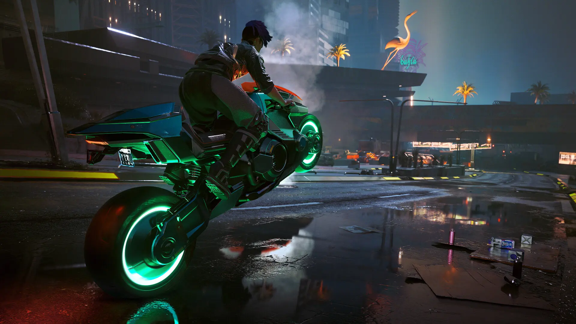 Cyberpunk 2077: motocykl z zielonym podświetleniem na ulicach Night City