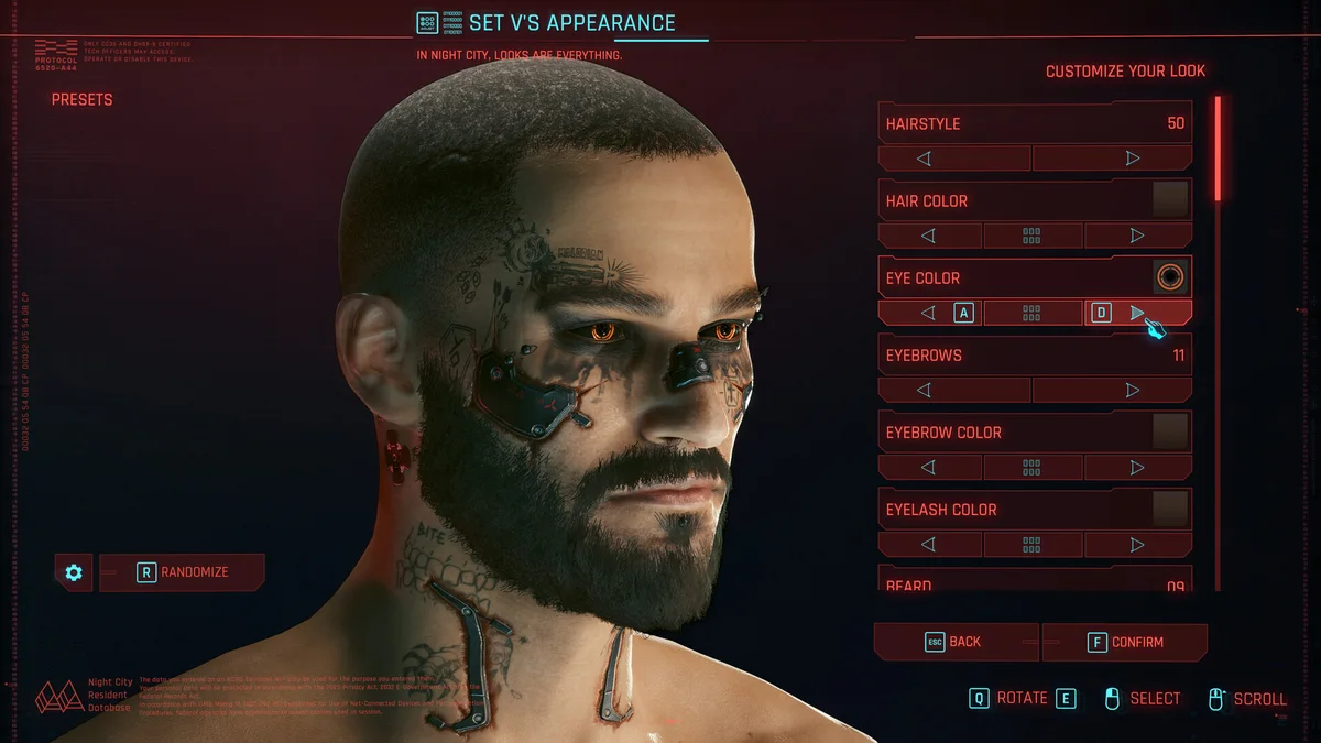 Cyberpunk 2077: kreator postaci V Kreator wyglądu postaci V z tatuażami i wszczepami na twarzy w grze Cyberpunk 2077
