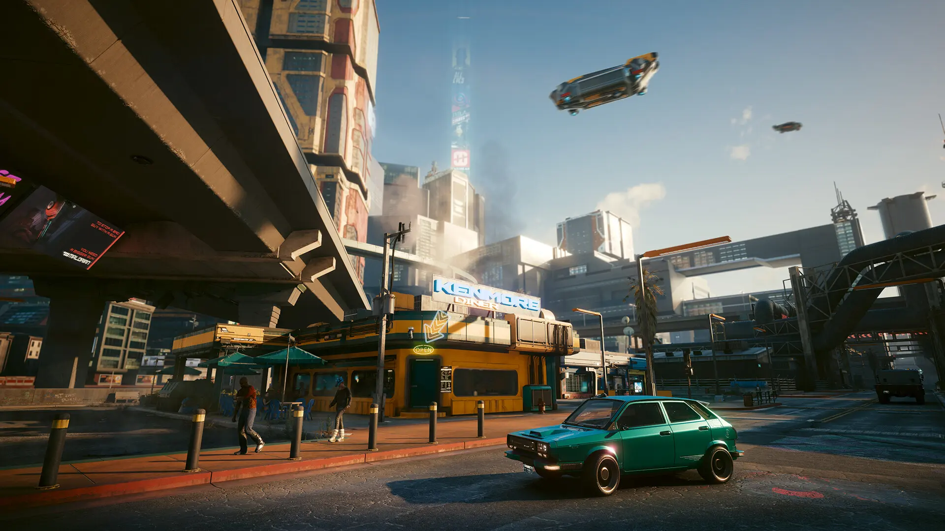 Cyberpunk 2077, panorama Night City w słońcu