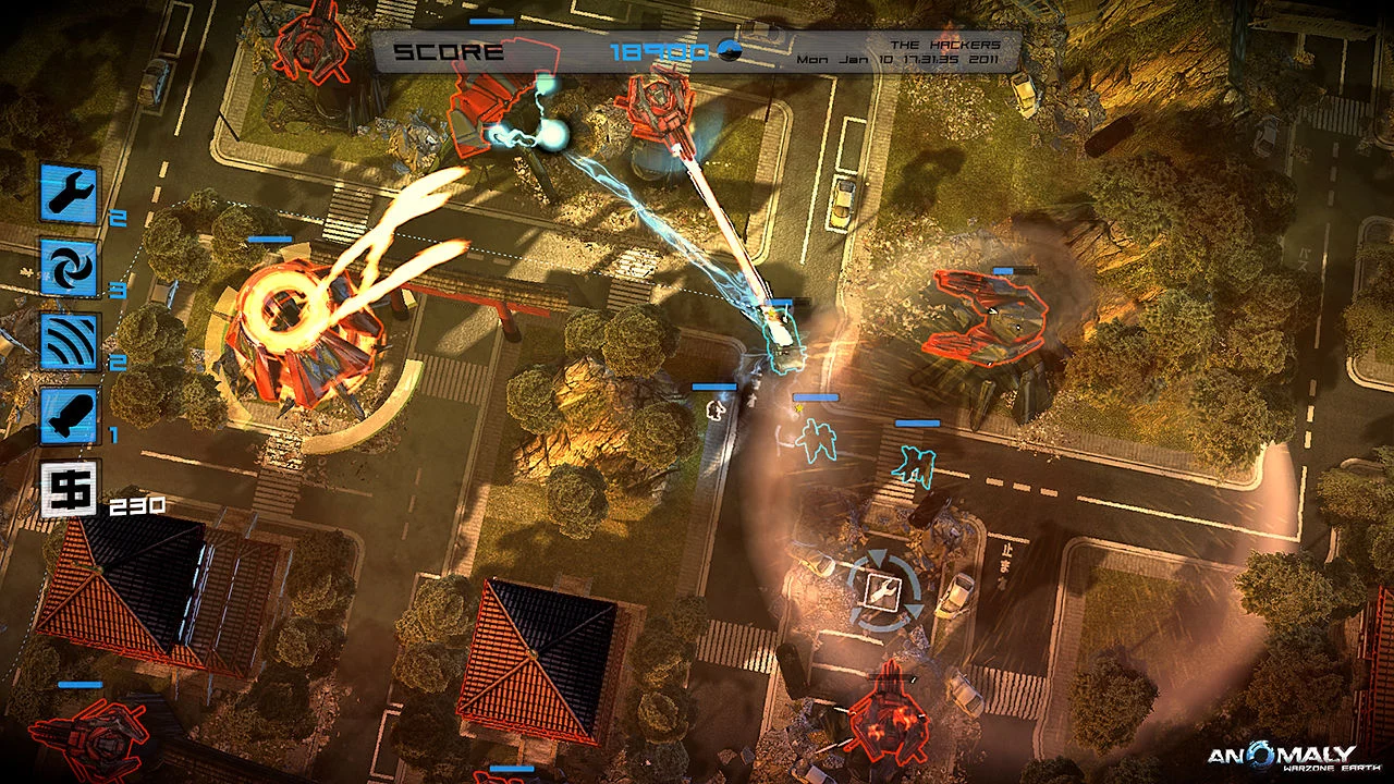 Konwój pojazdów ostrzeliwany przez wieże obcych w grze Anomaly: Warzone Earth od 11 bit studios
