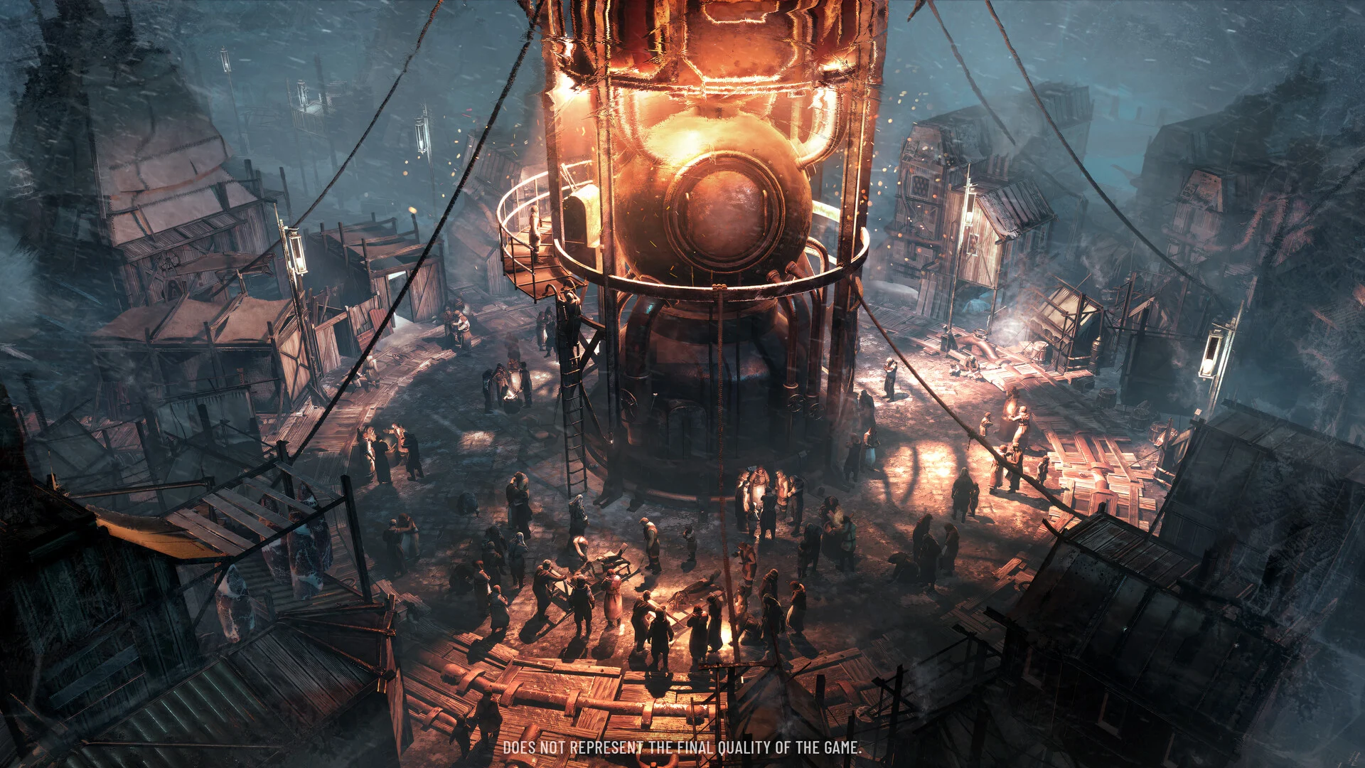 Miasto wokół generatora nocą we Frostpunk 1886, nowej wersji pierwszego Frostpunka na Unreal Engine 5