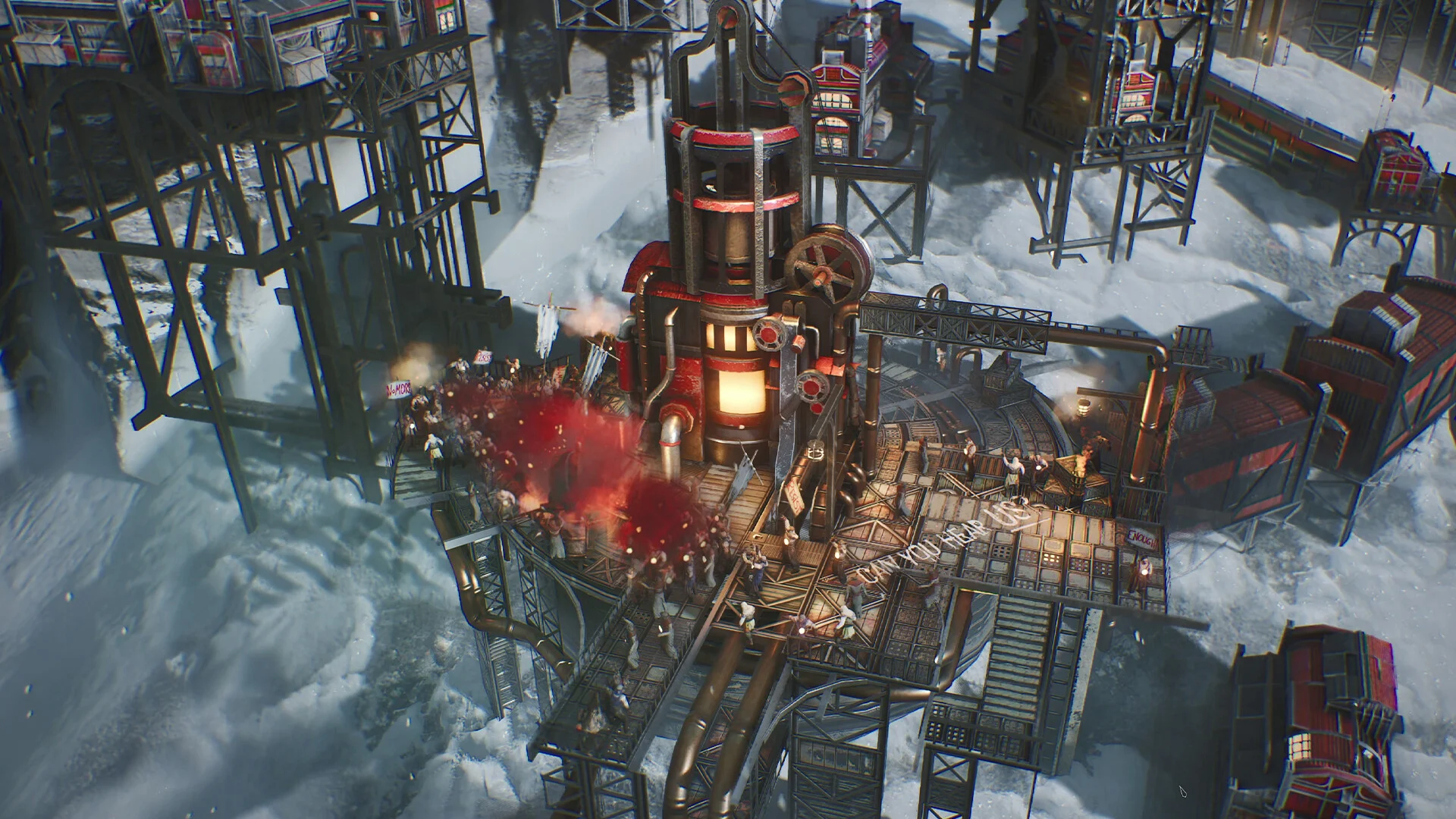 Rozbudowana metropolia wokół generatora w śnieżnej scenerii w grze Frostpunk 2