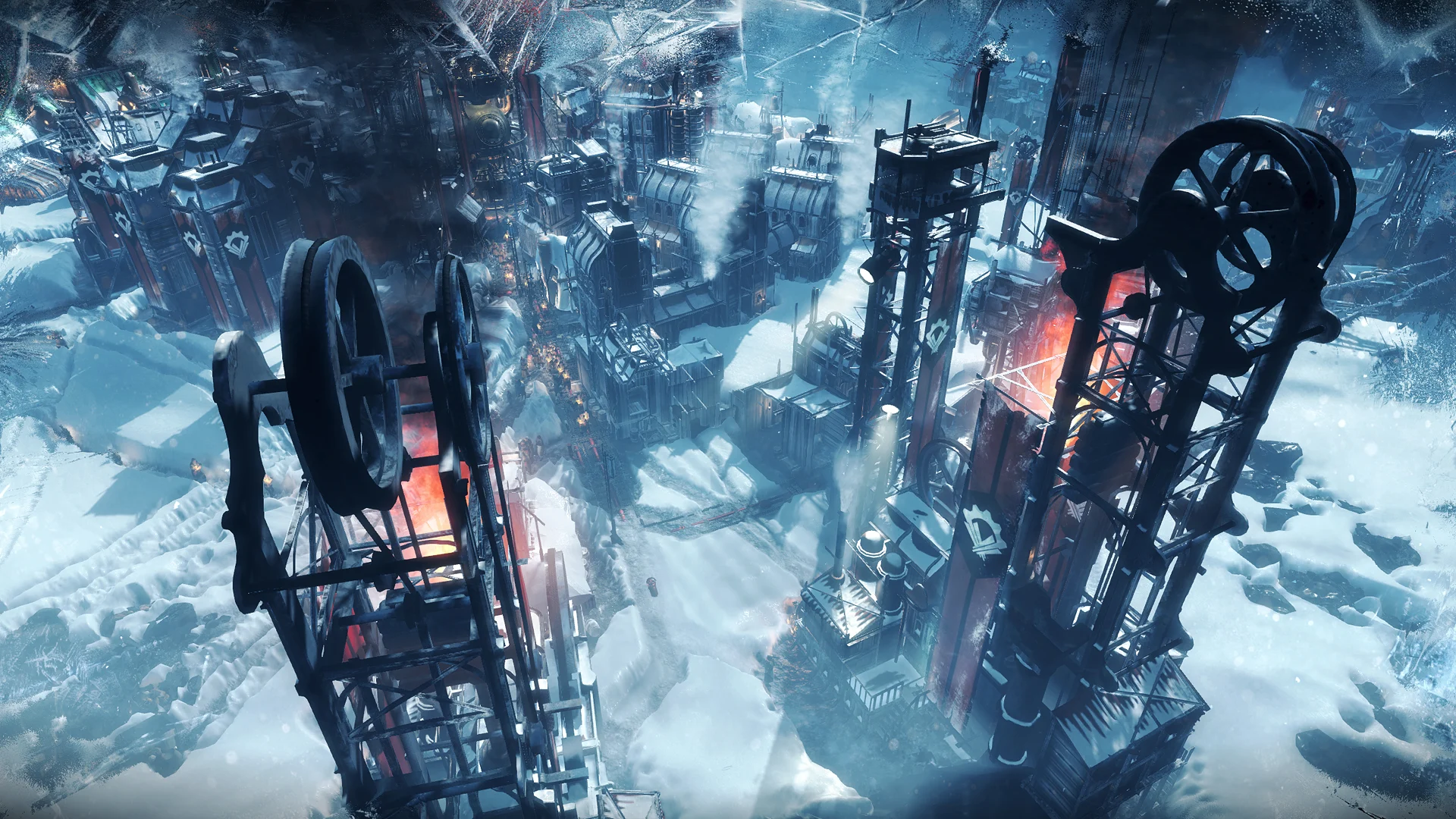 Gigantyczny generator ciepła w centrum miasta pośród śniegu w grze Frostpunk