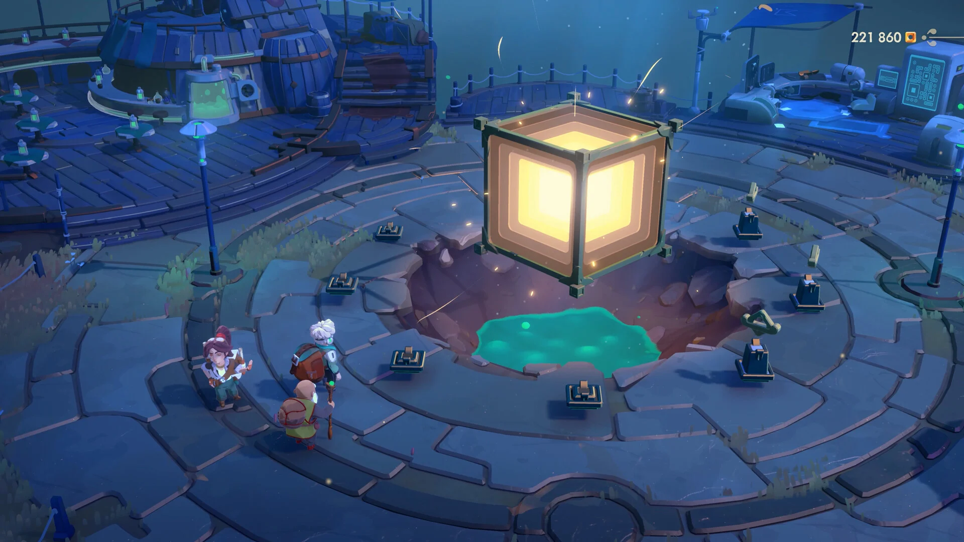 Bohater Will przy świecącym artefakcie w mieście w grze Moonlighter 2: The Endless Vault
