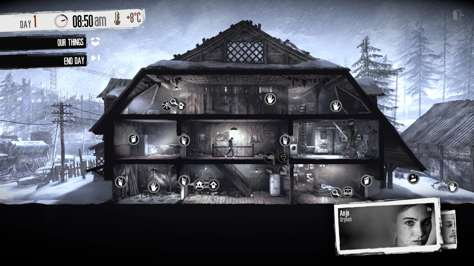 Przekrój zrujnowanego domu, w którym ukrywają się cywile, w grze This War of Mine