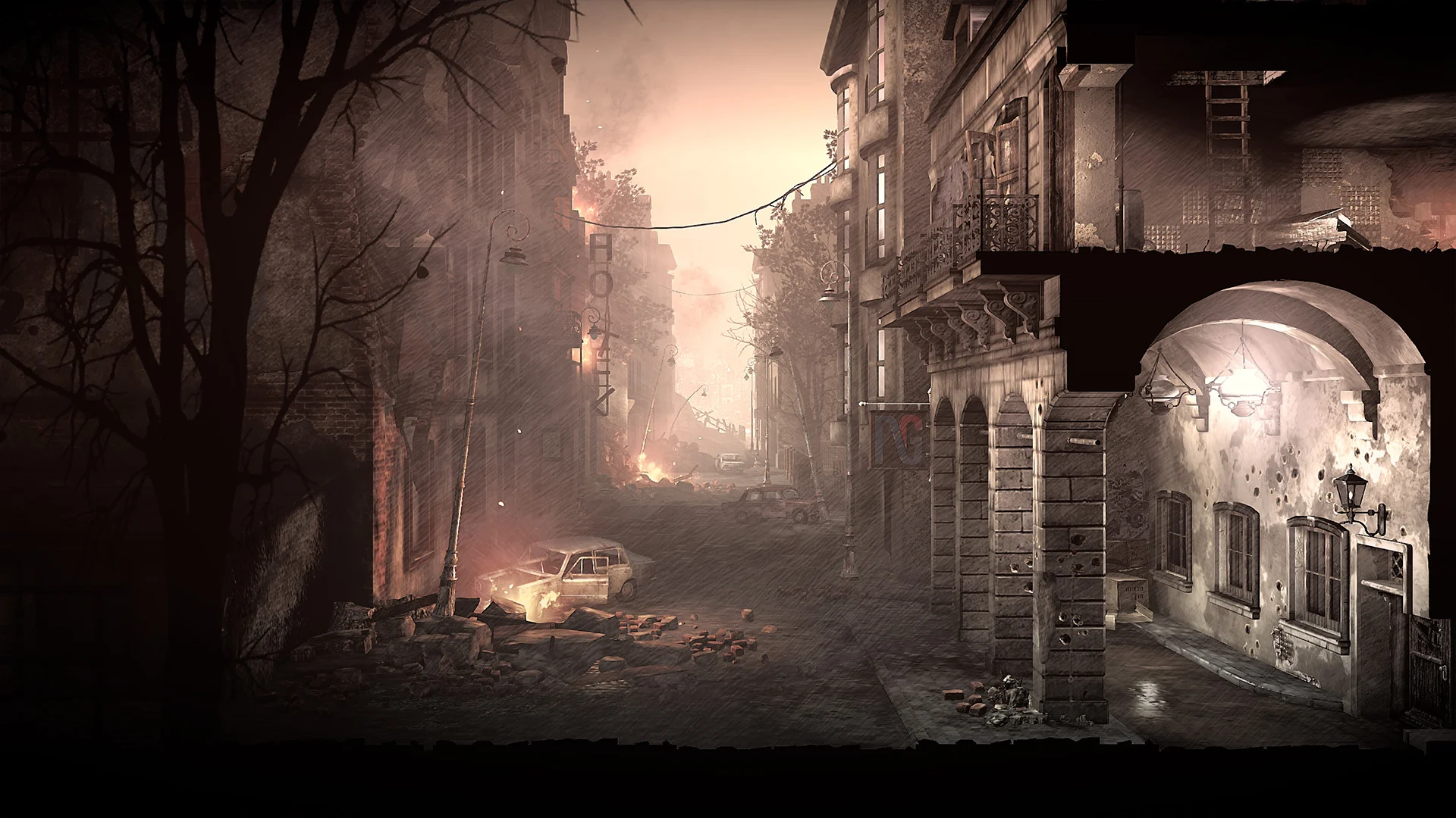 Zniszczone kamienice oblężonego miasta w grze This War of Mine