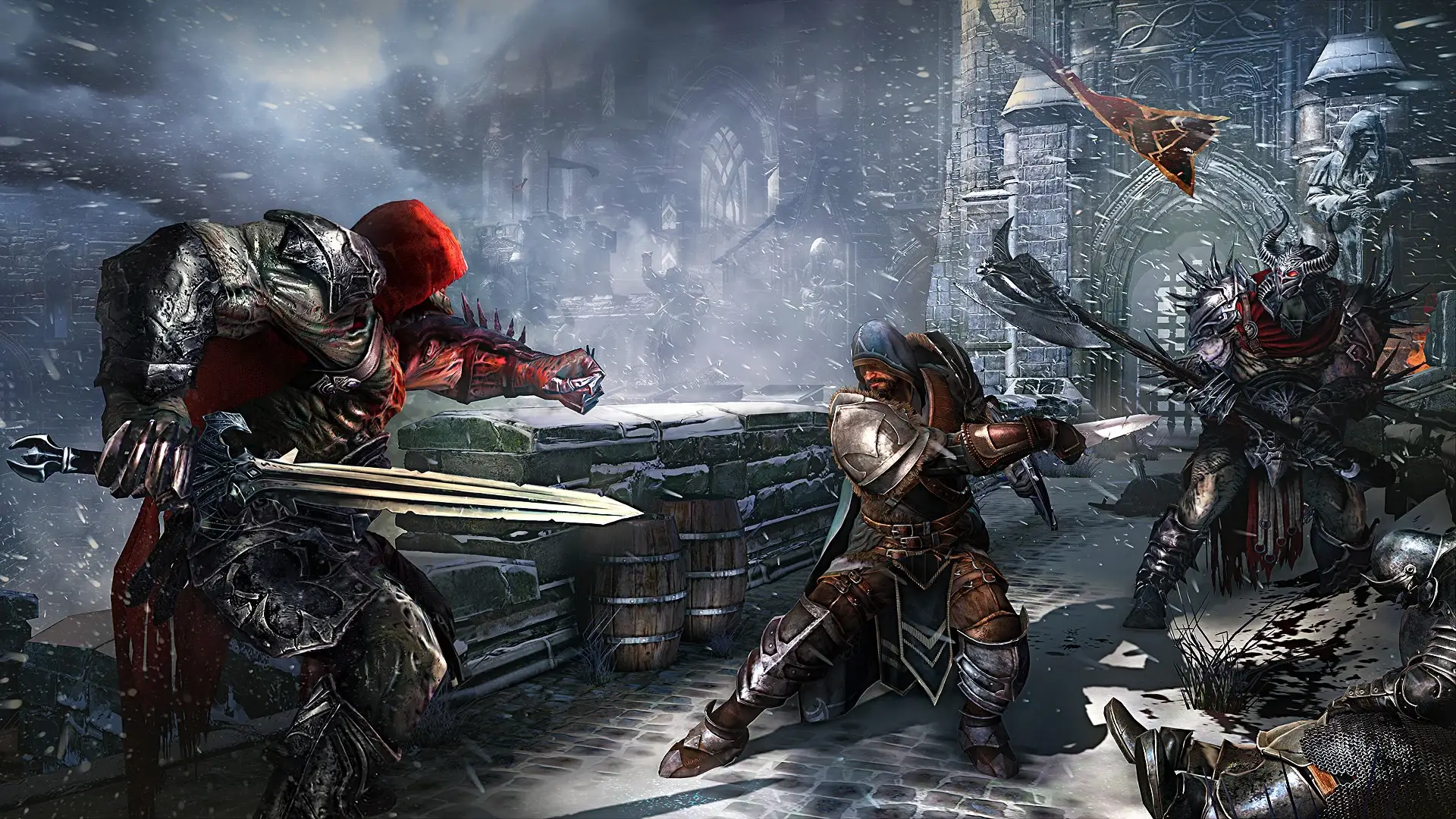 Harkyn walczy z rycerzami na murach twierdzy w grze Lords of the Fallen z 2014 roku