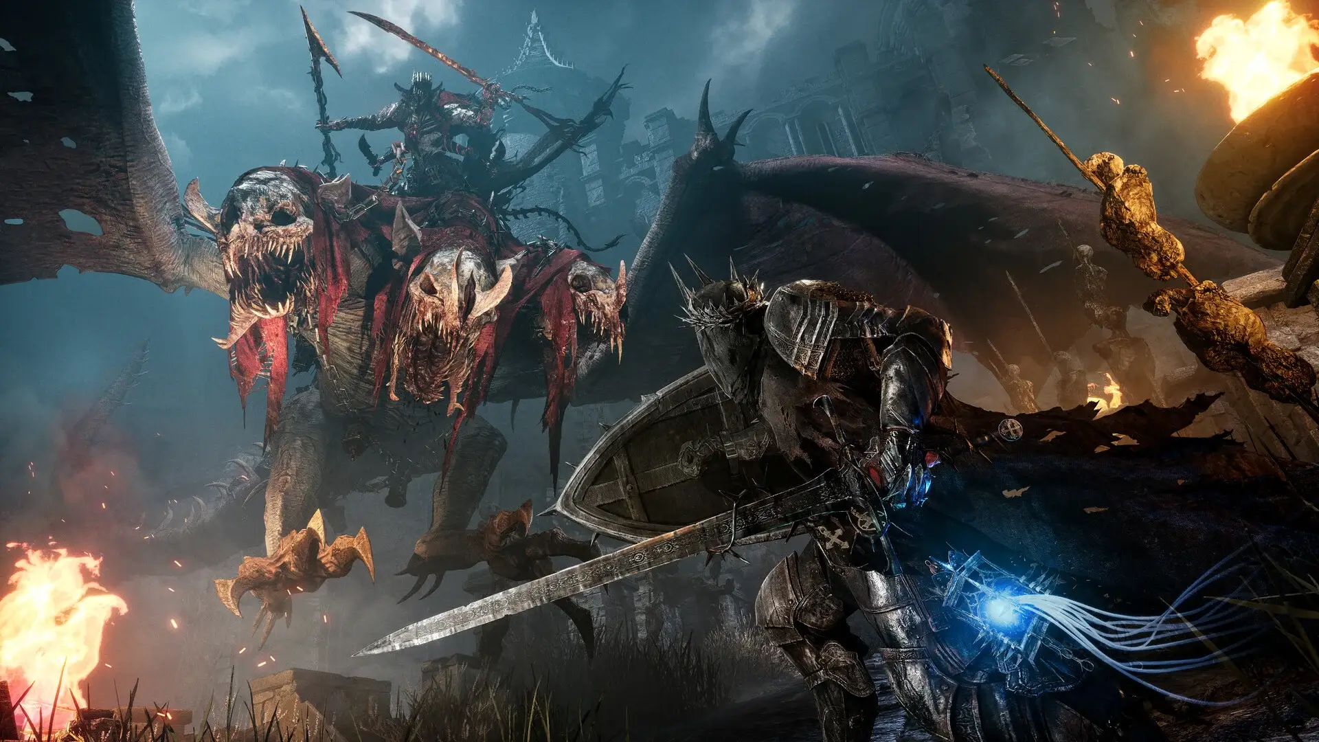 Rycerz z mieczem staje do walki z ogromnym demonem w grze Lords of the Fallen od Hexworks