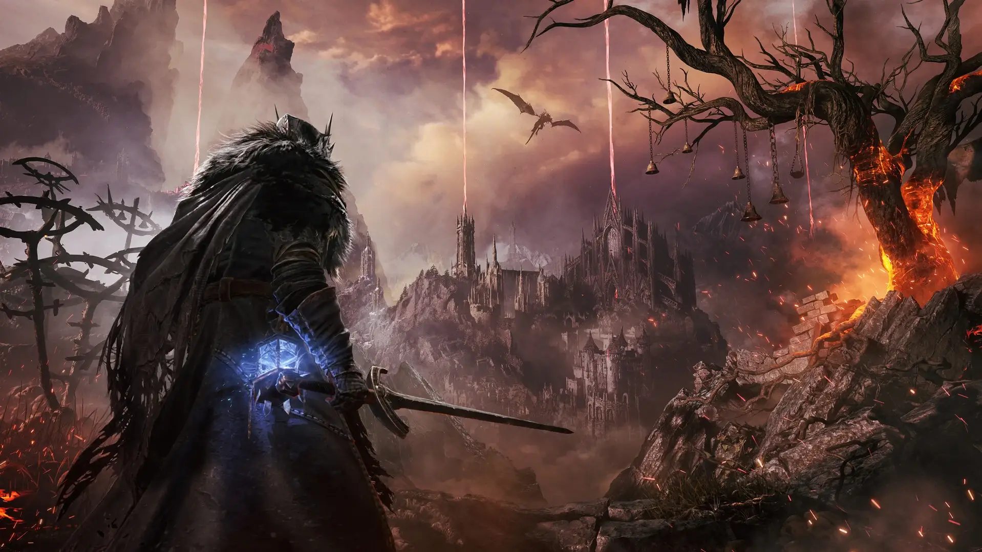 Bohater z latarnią Umbral patrzy na płonącą krainę Mournstead w grze Lords of the Fallen z 2023 roku