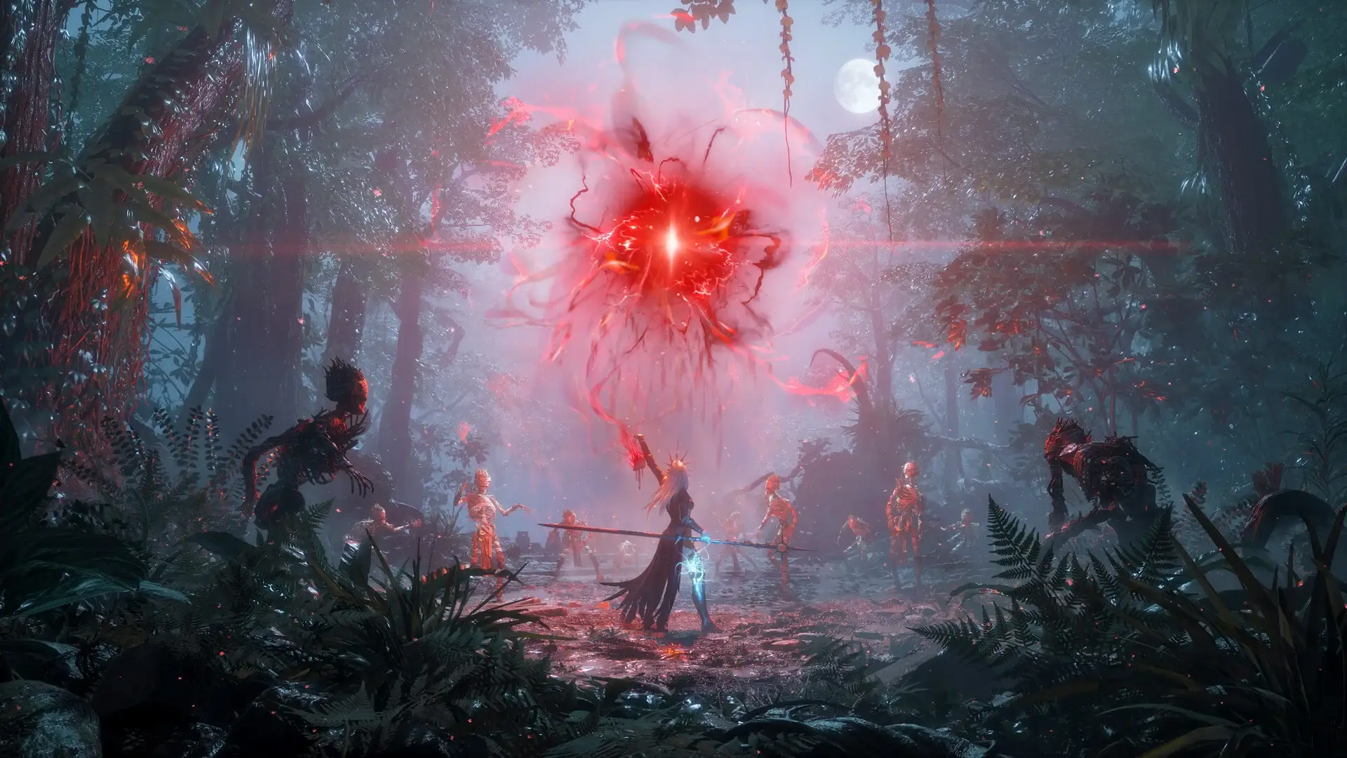 Świat umarłych Umbral z czerwonym okiem nad lasem i potworami w grze Lords of the Fallen II