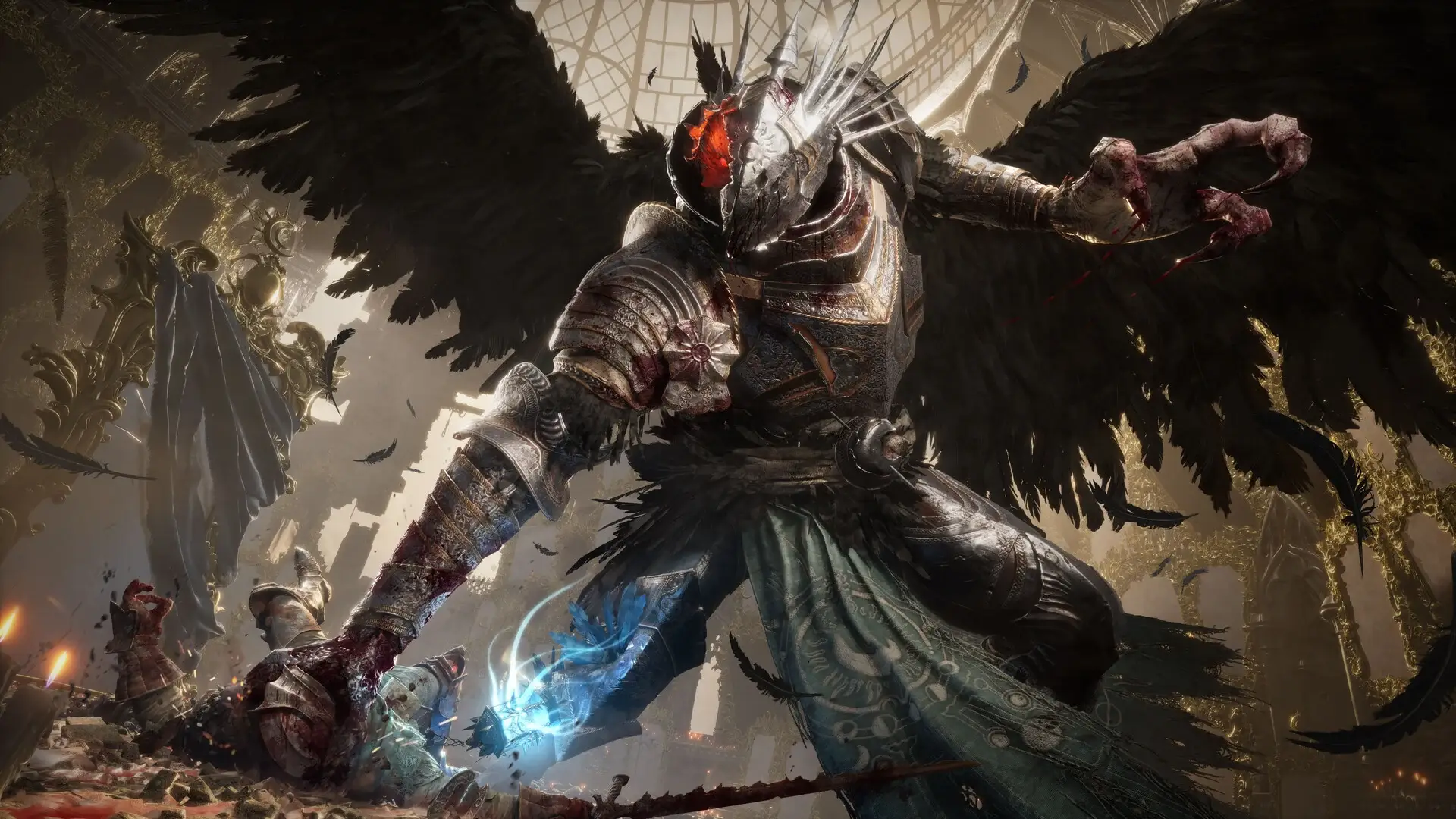 Skrzydlaty rycerz z czerwoną maską w walce w grze Lords of the Fallen II