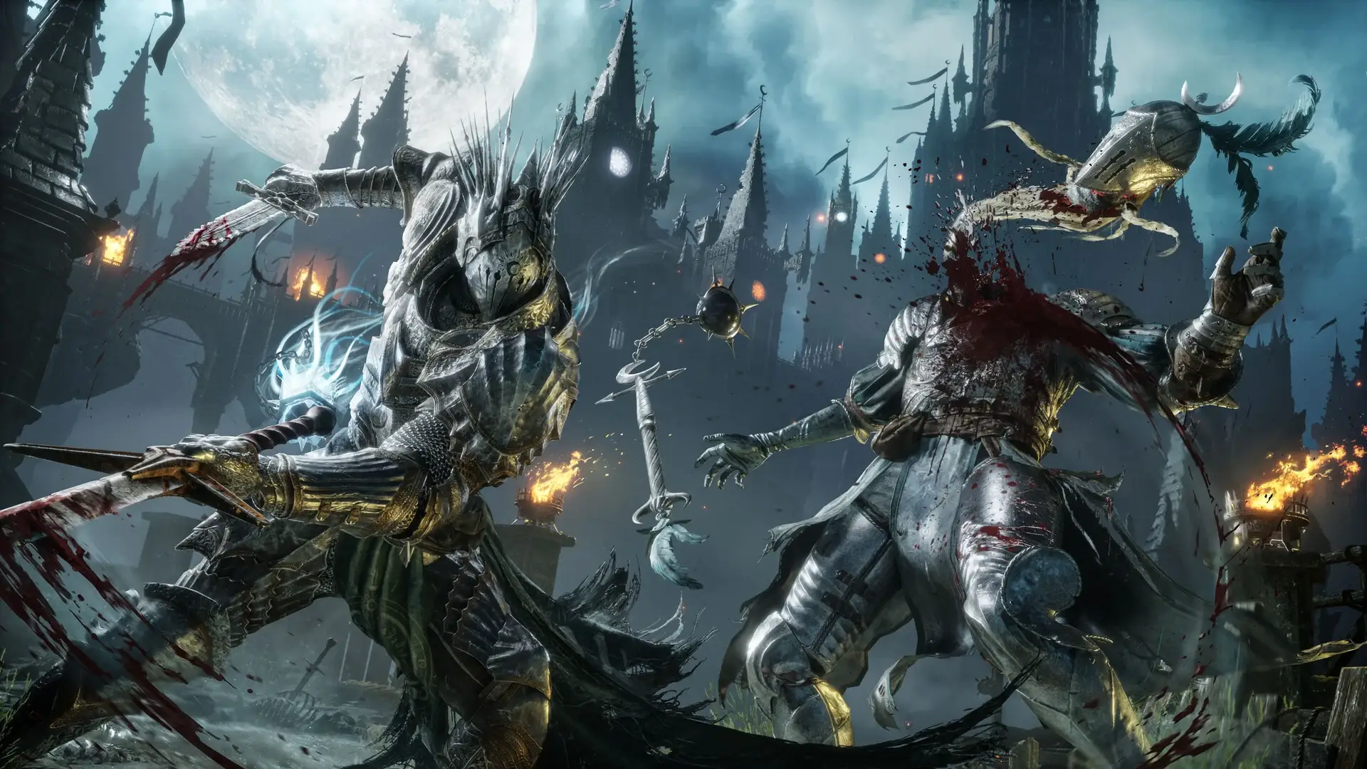 Pojedynek dwóch opancerzonych wojowników pod księżycem w grze Lords of the Fallen II