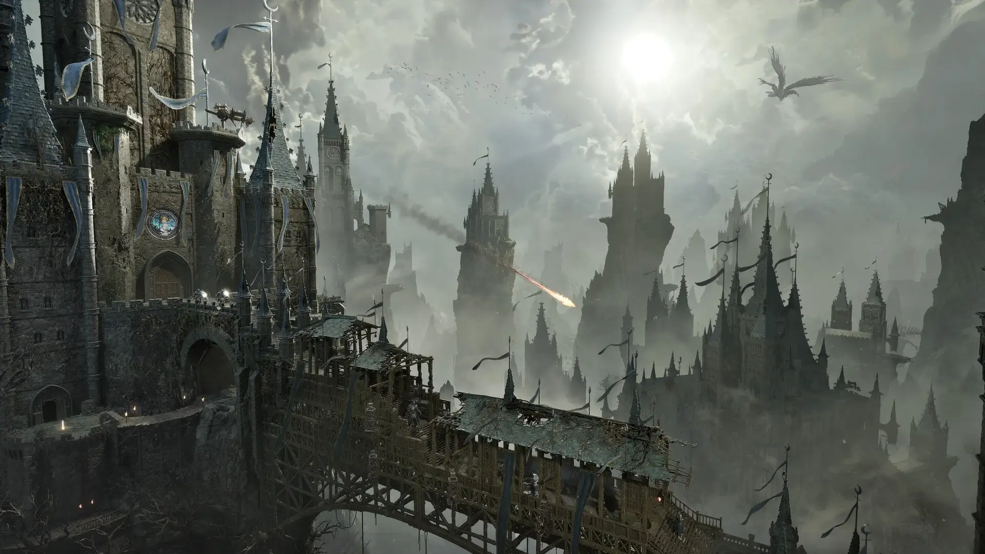 Gotycki zamek z drewnianym mostem nad przepaścią w grze Lords of the Fallen II