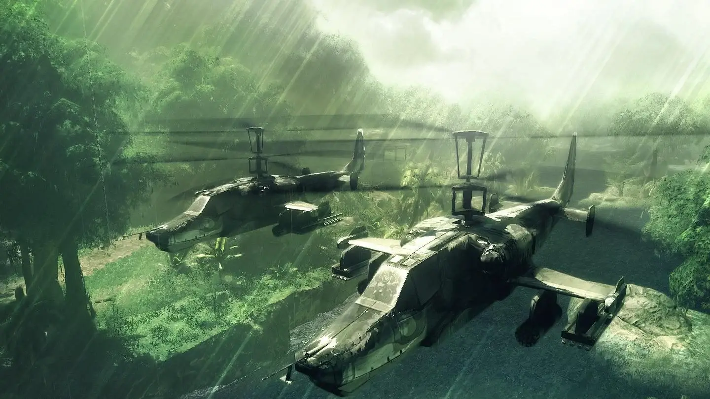 Rozbity helikopter w deszczowej dżungli w grze Sniper: Ghost Warrior z 2010 roku