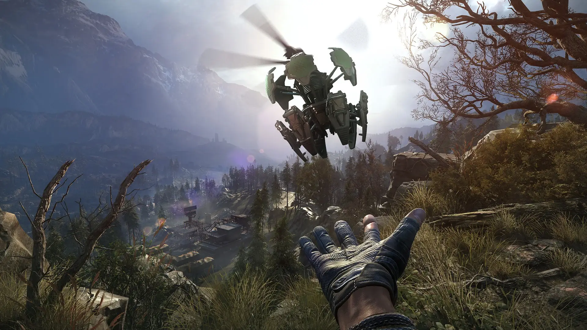Snajper z dronem nad górską doliną w Gruzji w grze Sniper Ghost Warrior 3