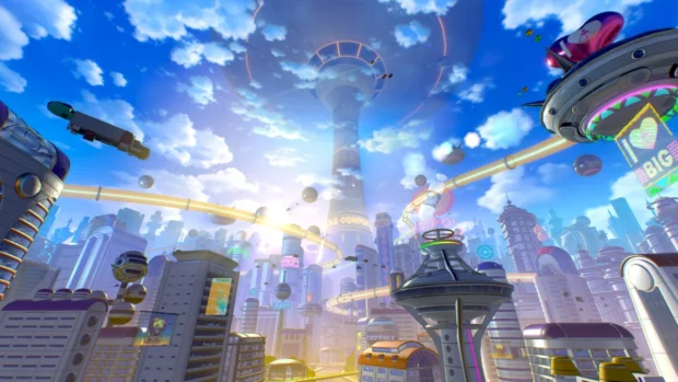 Futurystyczne miasto z lotu ptaka w grze Dragon Ball Xenoverse 3