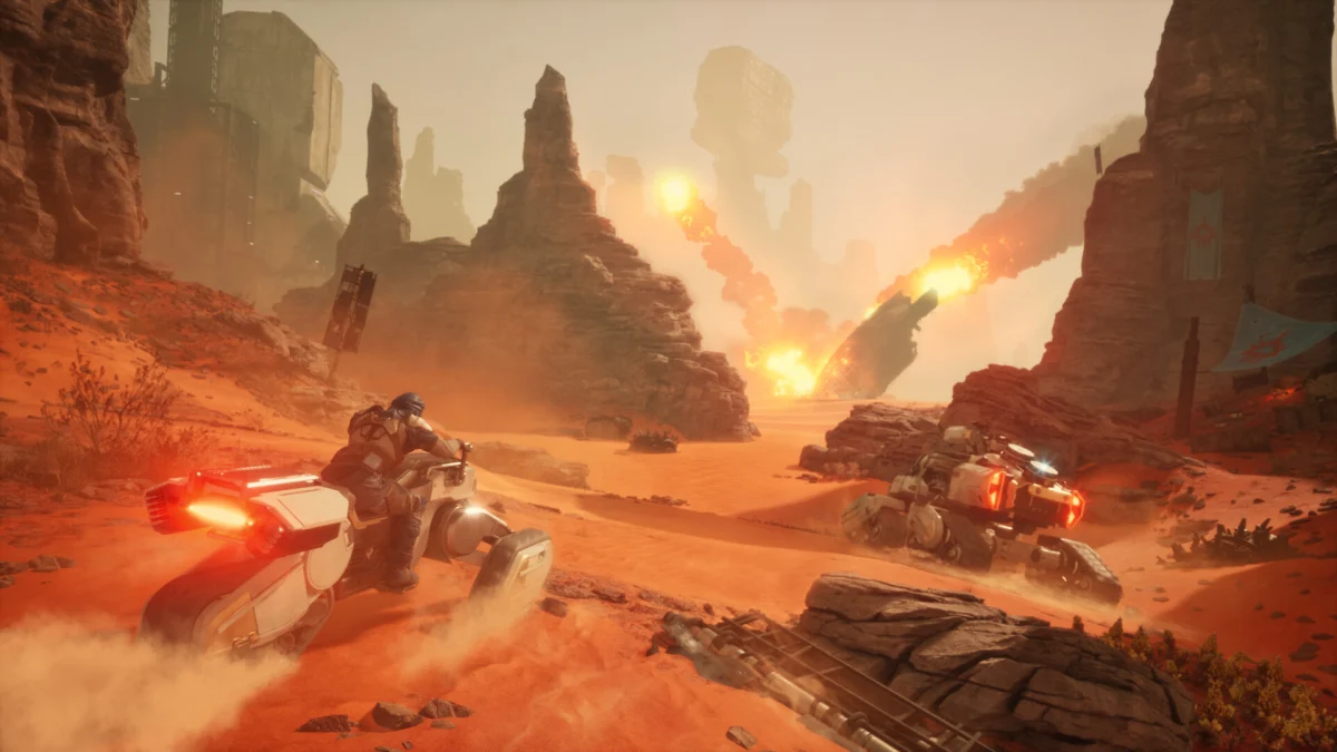 Pościg na pustynnych motocyklach wśród skał Arrakis w Dune: Awakening