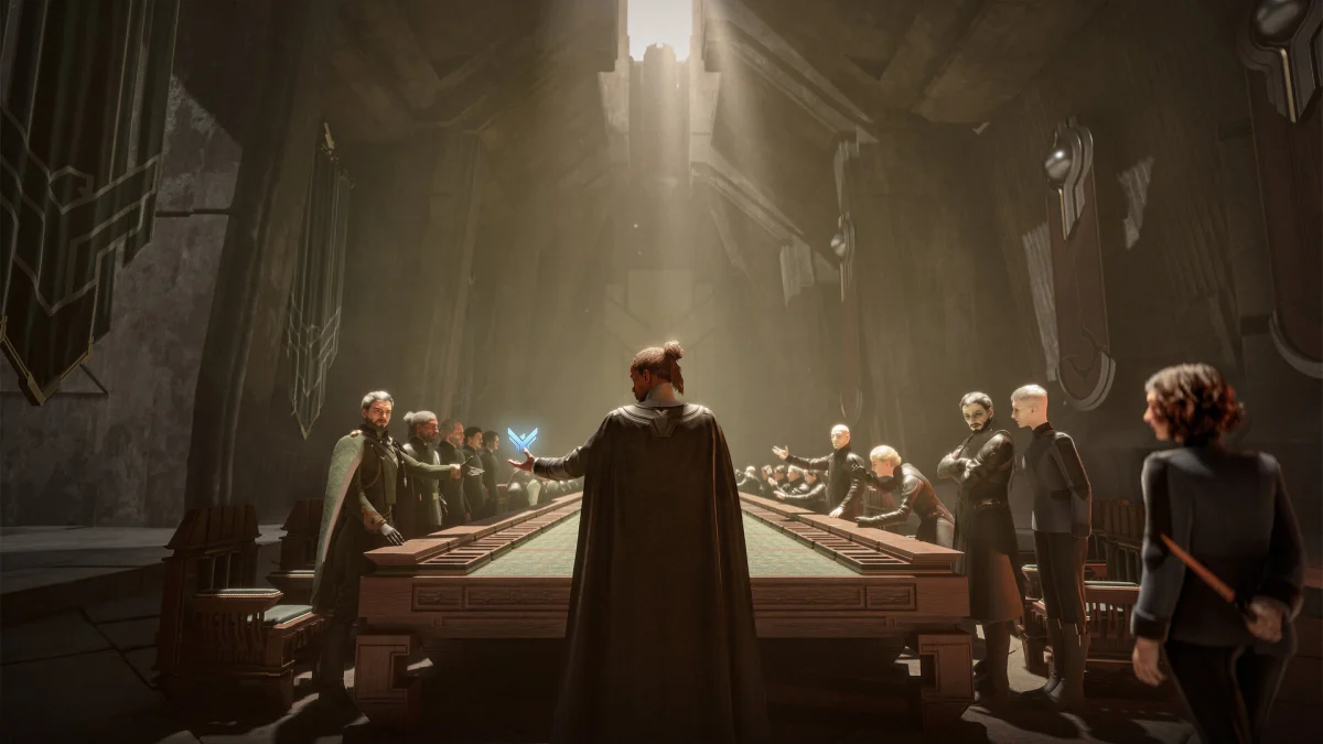Narada przy długim stole w monumentalnej sali w Dune: Awakening