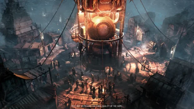 Miasto wokół generatora w śnieżnej scenerii w grze Frostpunk: 1886