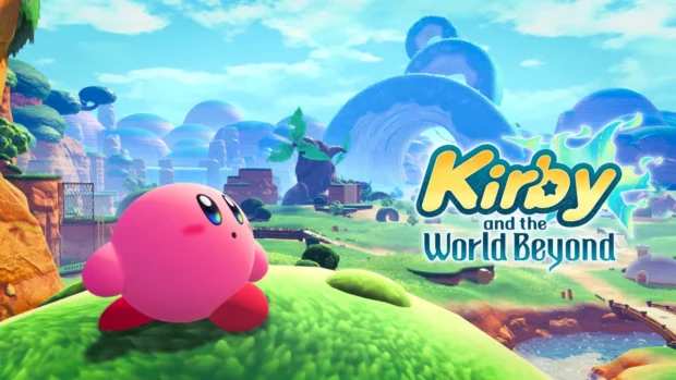 Kirby na zielonym wzgórzu na grafice promującej Kirby and the World Beyond