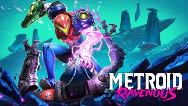 Samus Aran w zbroi na grafice promującej Metroid Ravenous