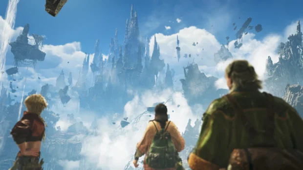 Łowcy patrzą na latające ruiny w dodatku Monster Hunter Wilds: Ascendance