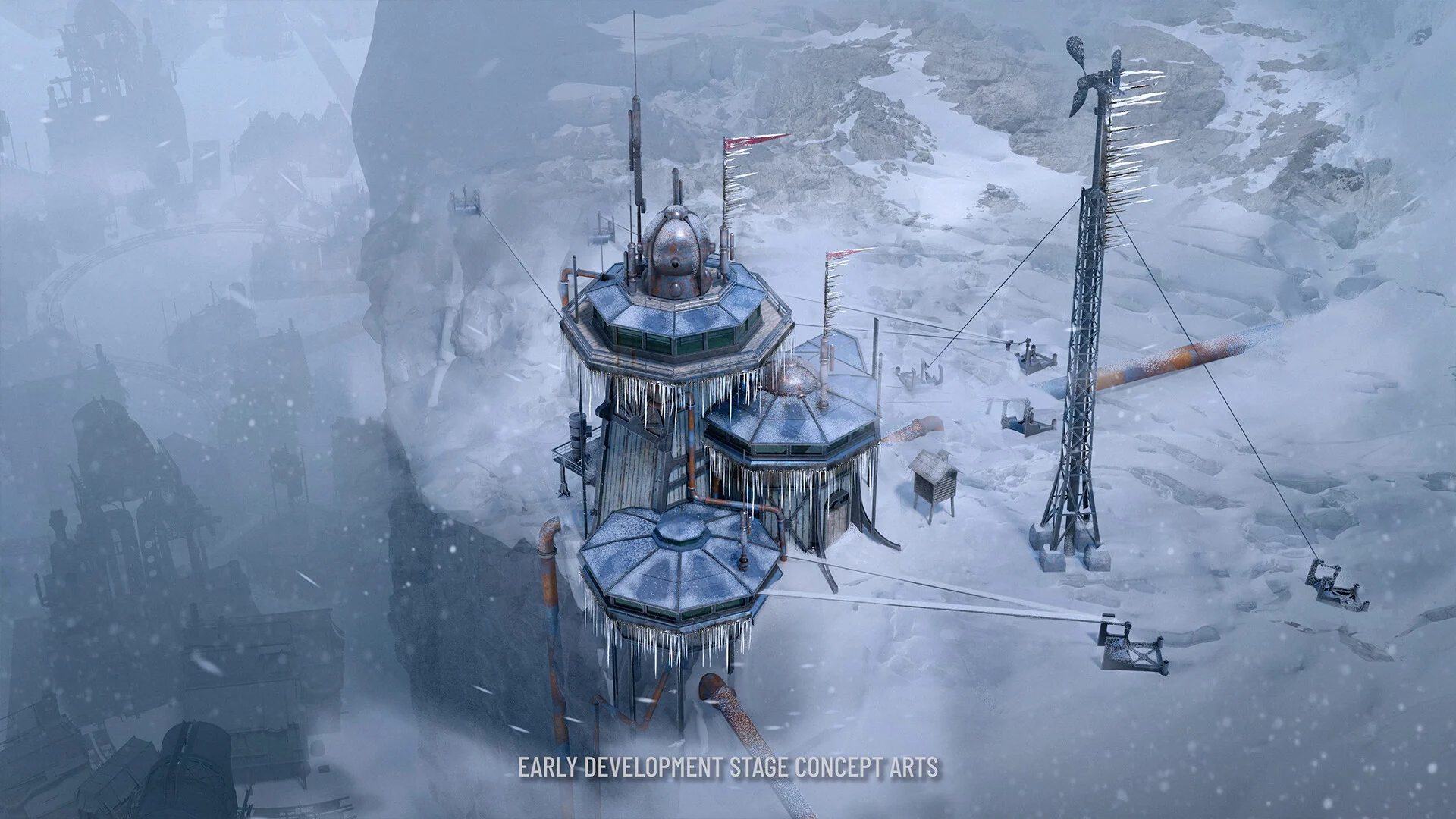 Frostpunk 1886, grafika koncepcyjna z wczesnego etapu prac, oszronione budynki i maszt