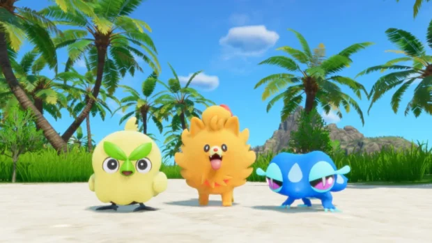 Trzy startowe Pokémony na plaży w grach Pokémon Winds i Pokémon Waves