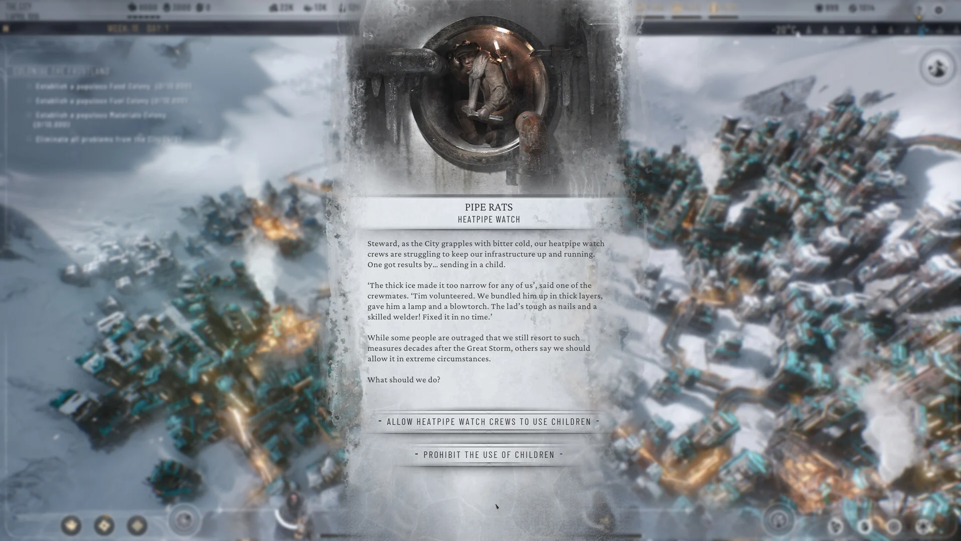 Wydarzenie fabularne o dzieciach naprawiających rury ciepłownicze w grze Frostpunk 2