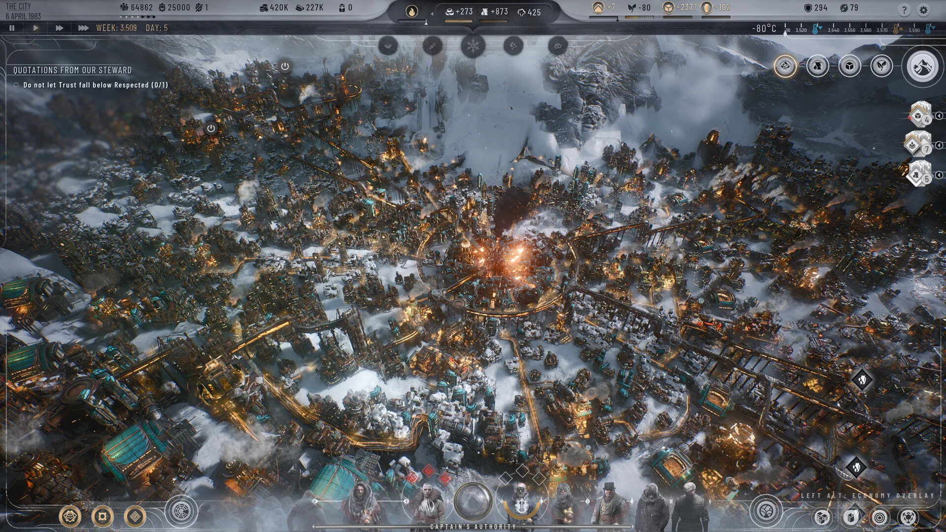 Gęsta zabudowa dzielnic mieszkalnych i przemysłowych w grze Frostpunk 2